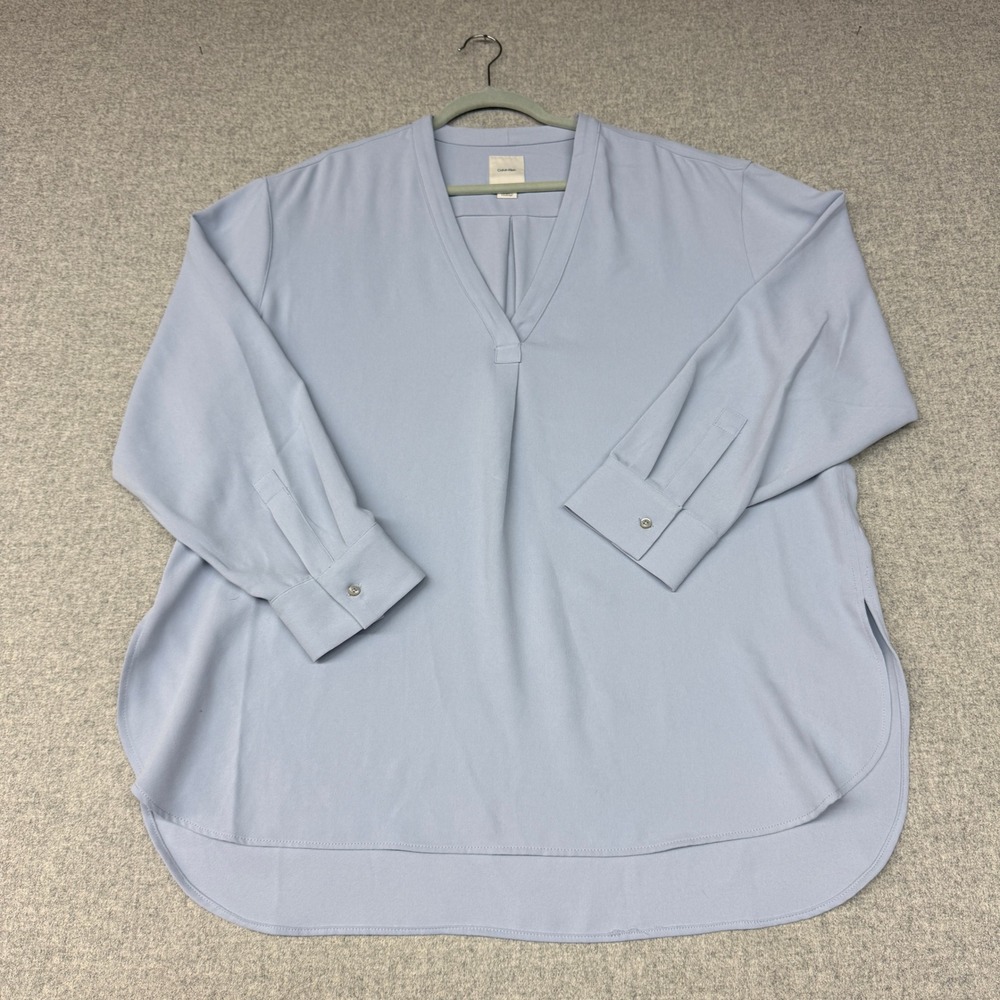 Calvin Klein V-Neck Blouse XL Light Blue Long Sleeve High-Low Hem Pullover Top